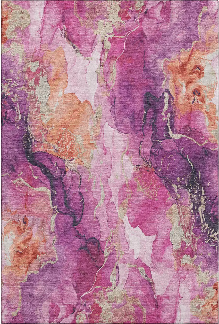 Burgundy And Salmon Abstract Washable Area Rug With UV Protection Photo 1