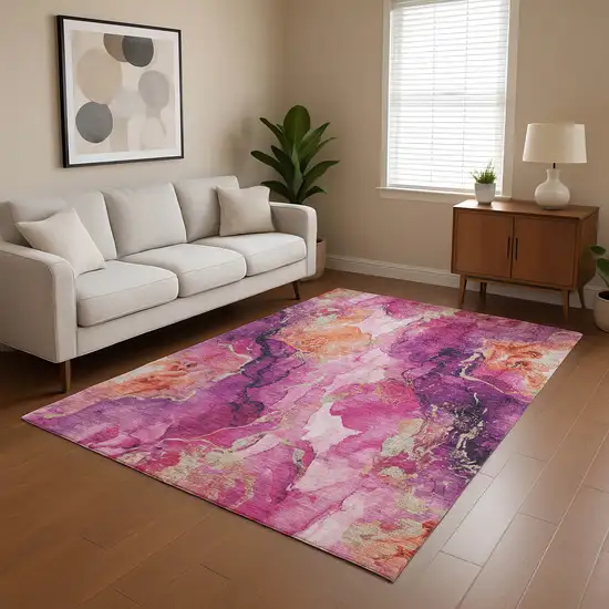 Burgundy And Salmon Abstract Washable Area Rug With UV Protection Photo 4