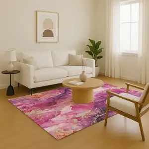 Photo of Burgundy And Salmon Abstract Washable Area Rug With UV Protection