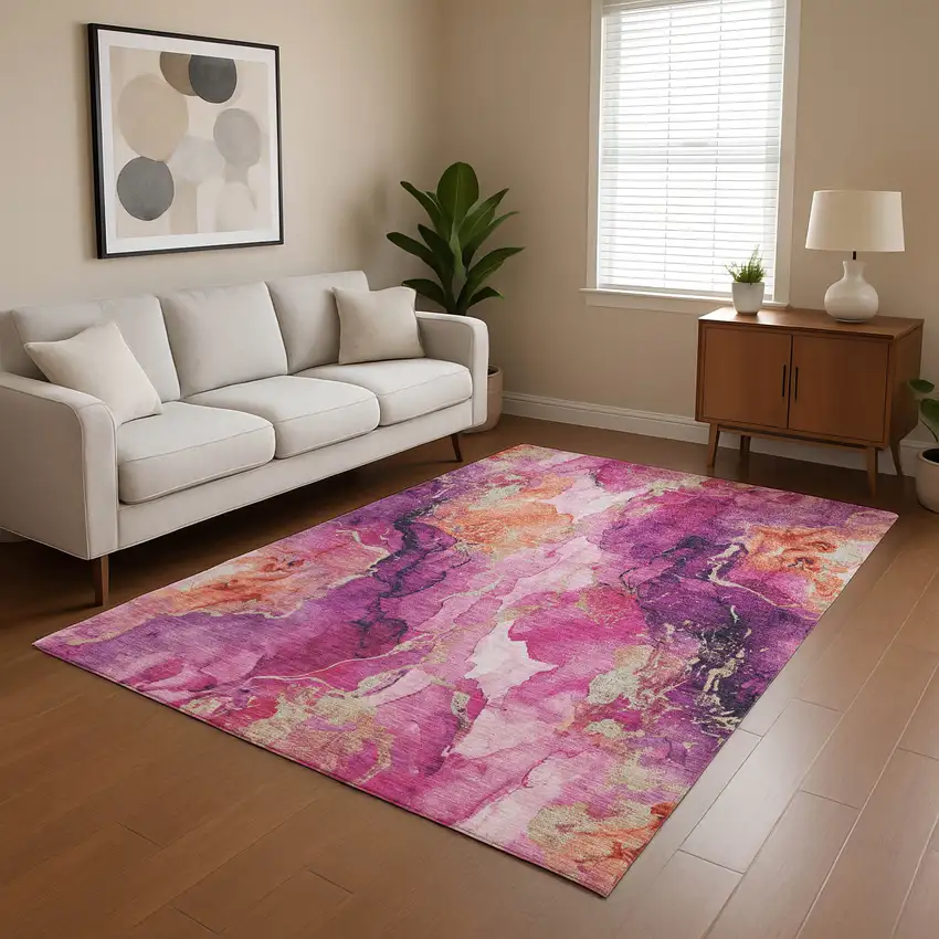 Burgundy And Salmon Abstract Washable Area Rug With UV Protection Photo 4