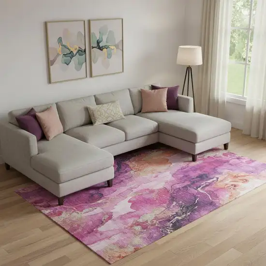 Burgundy And Salmon Abstract Washable Area Rug With UV Protection Photo 2