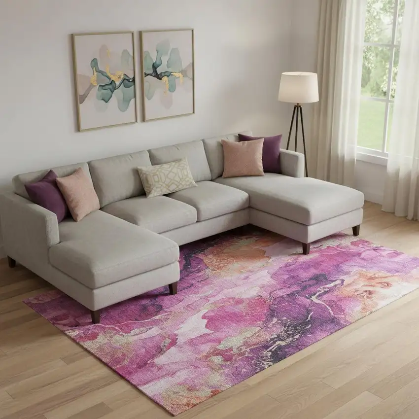 Burgundy And Salmon Abstract Washable Area Rug With UV Protection Photo 2