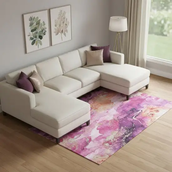 Burgundy And Salmon Abstract Washable Area Rug With UV Protection Photo 2