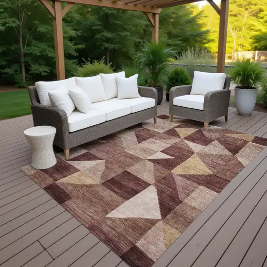 Burgundy And Wheat Geometric Washable Indoor Outdoor Area Rug Photo 7