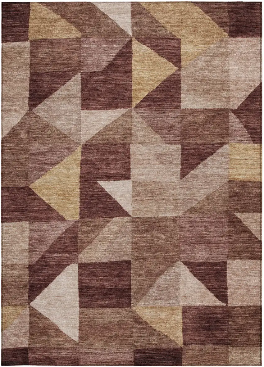 Burgundy And Wheat Geometric Washable Indoor Outdoor Area Rug Photo 3