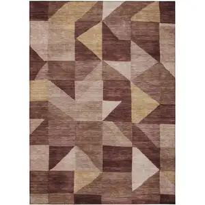 Photo of Burgundy And Wheat Geometric Washable Indoor Outdoor Area Rug