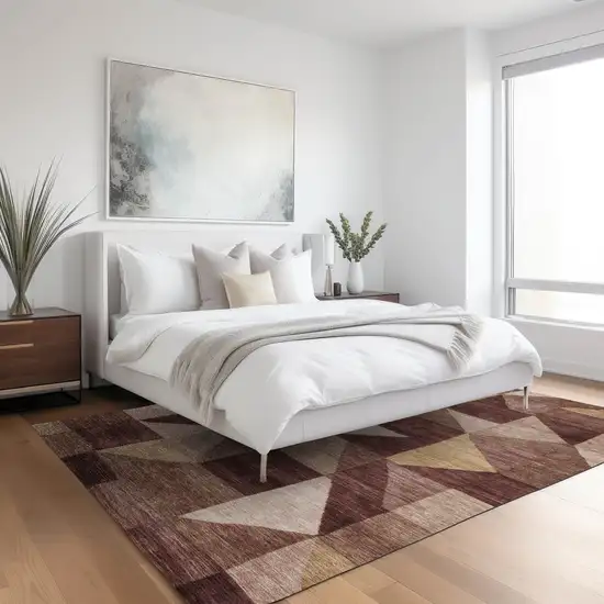 Burgundy And Wheat Geometric Washable Indoor Outdoor Area Rug Photo 6