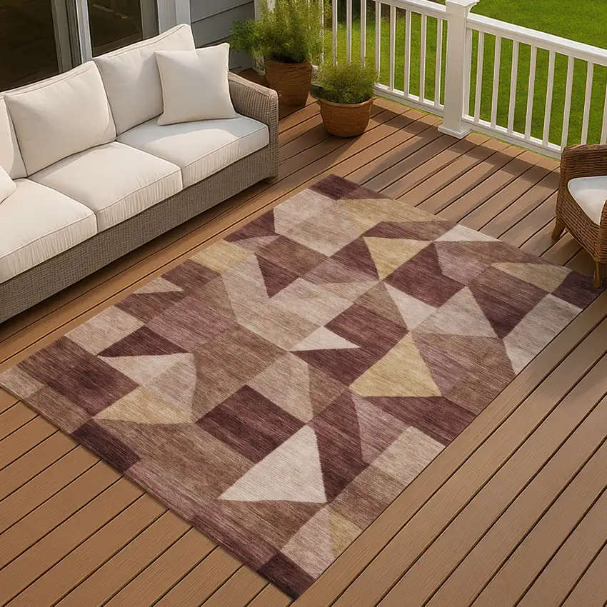 Burgundy And Wheat Geometric Washable Indoor Outdoor Area Rug Photo 4