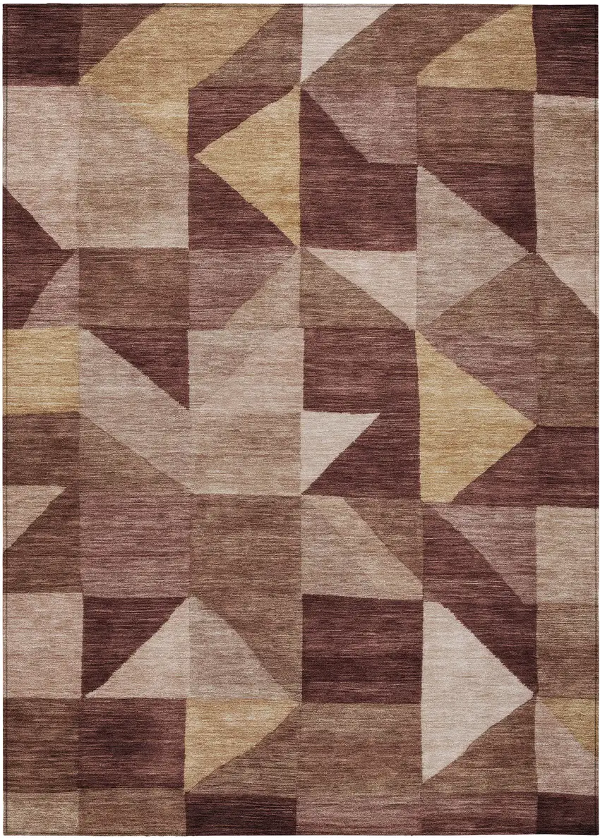 Burgundy And Wheat Geometric Washable Indoor Outdoor Area Rug Photo 1