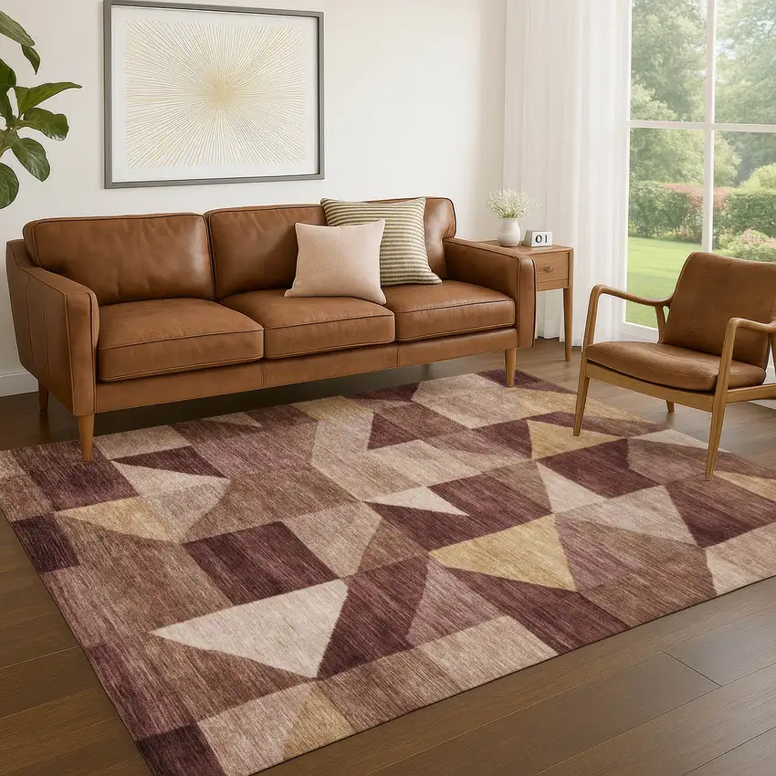Burgundy And Wheat Geometric Washable Indoor Outdoor Area Rug Photo 5