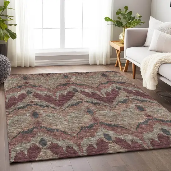 Burgundy Beige And Charcoal Ikat Washable Area Rug With UV Protection Photo 5