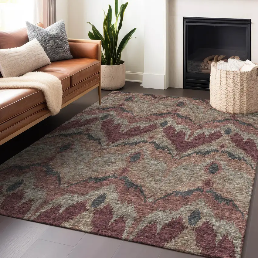 Burgundy Beige And Charcoal Ikat Washable Area Rug With UV Protection Photo 6