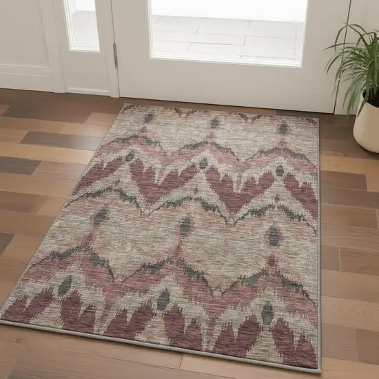 Burgundy Beige And Charcoal Ikat Washable Area Rug With UV Protection Photo 2