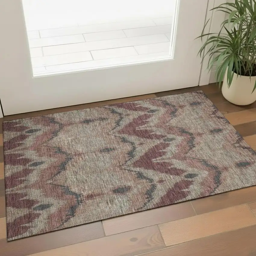 Burgundy Beige And Charcoal Ikat Washable Area Rug With UV Protection Photo 1
