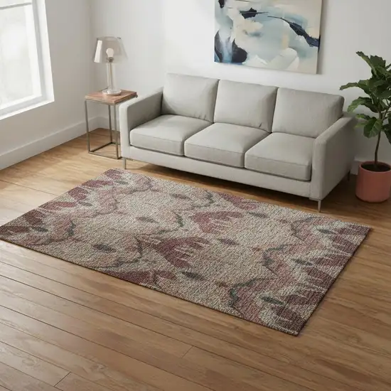 Burgundy Beige And Charcoal Ikat Washable Area Rug With UV Protection Photo 2