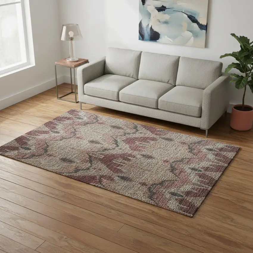 Burgundy Beige And Charcoal Ikat Washable Area Rug With UV Protection Photo 2