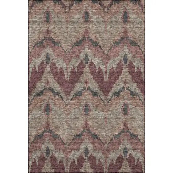 Burgundy Beige And Charcoal Ikat Washable Area Rug With UV Protection Photo 1