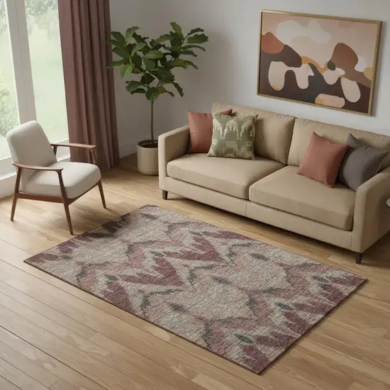 Burgundy Beige And Charcoal Ikat Washable Area Rug With UV Protection Photo 1