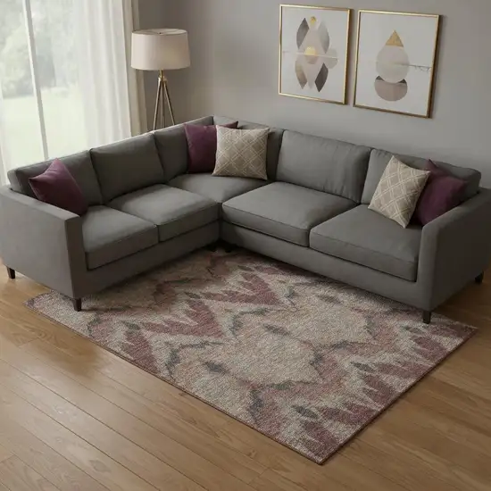 Burgundy Beige And Charcoal Ikat Washable Area Rug With UV Protection Photo 1