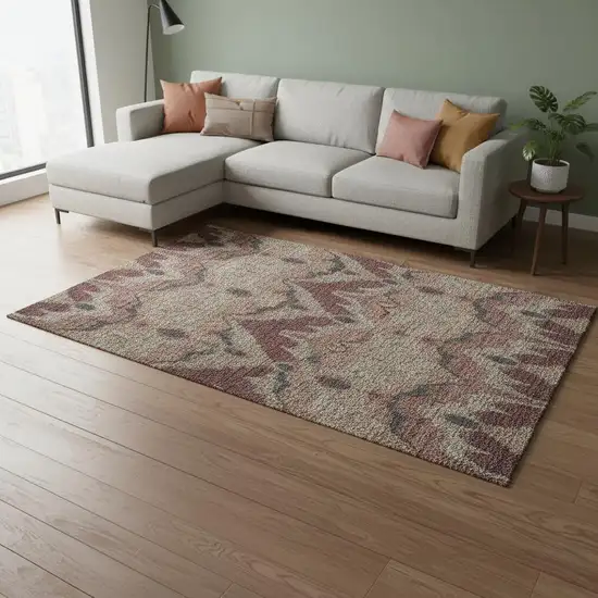 Burgundy Beige And Charcoal Ikat Washable Area Rug With UV Protection Photo 2