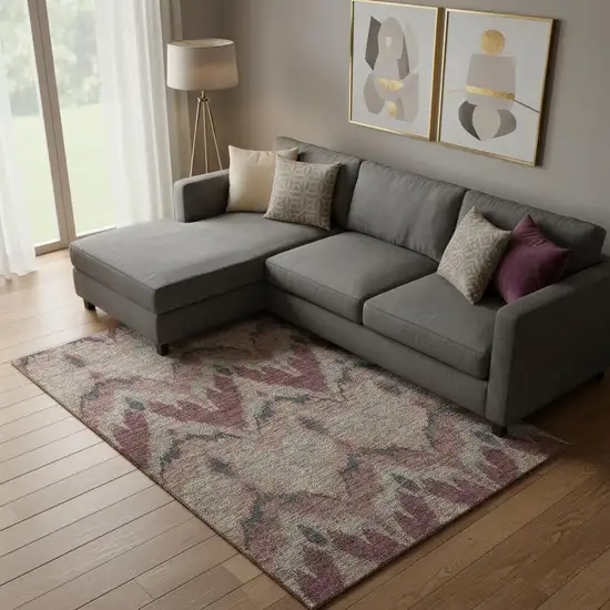 Burgundy Beige And Charcoal Ikat Washable Area Rug With UV Protection Photo 1