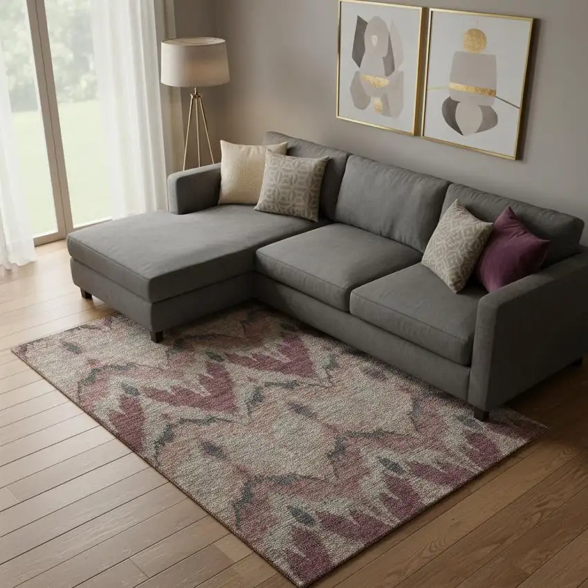 Burgundy Beige And Charcoal Ikat Washable Area Rug With UV Protection Photo 1