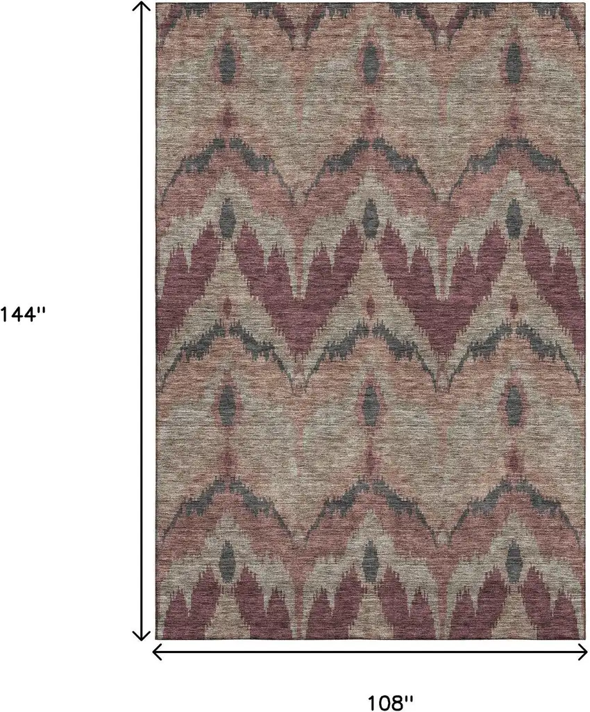 Burgundy Beige And Charcoal Ikat Washable Area Rug With UV Protection Photo 3