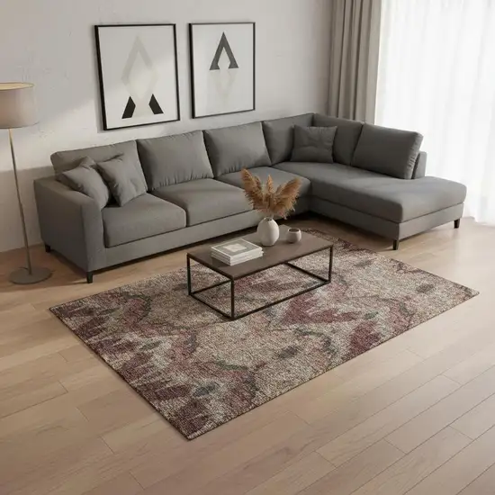 Burgundy Beige And Charcoal Ikat Washable Area Rug With UV Protection Photo 2