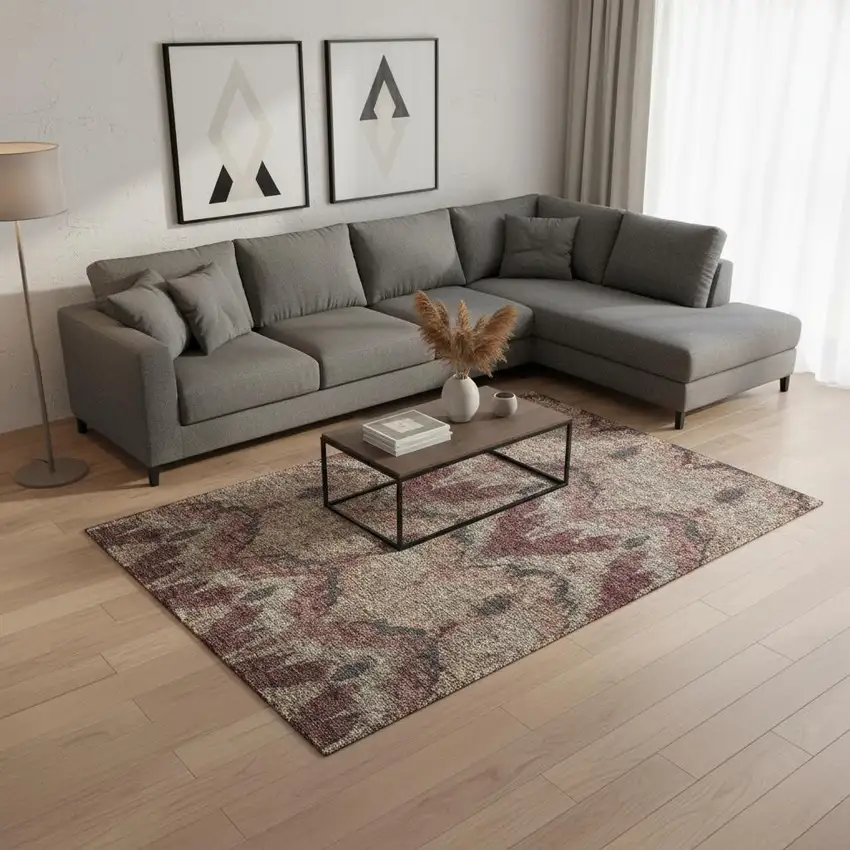 Burgundy Beige And Charcoal Ikat Washable Area Rug With UV Protection Photo 2