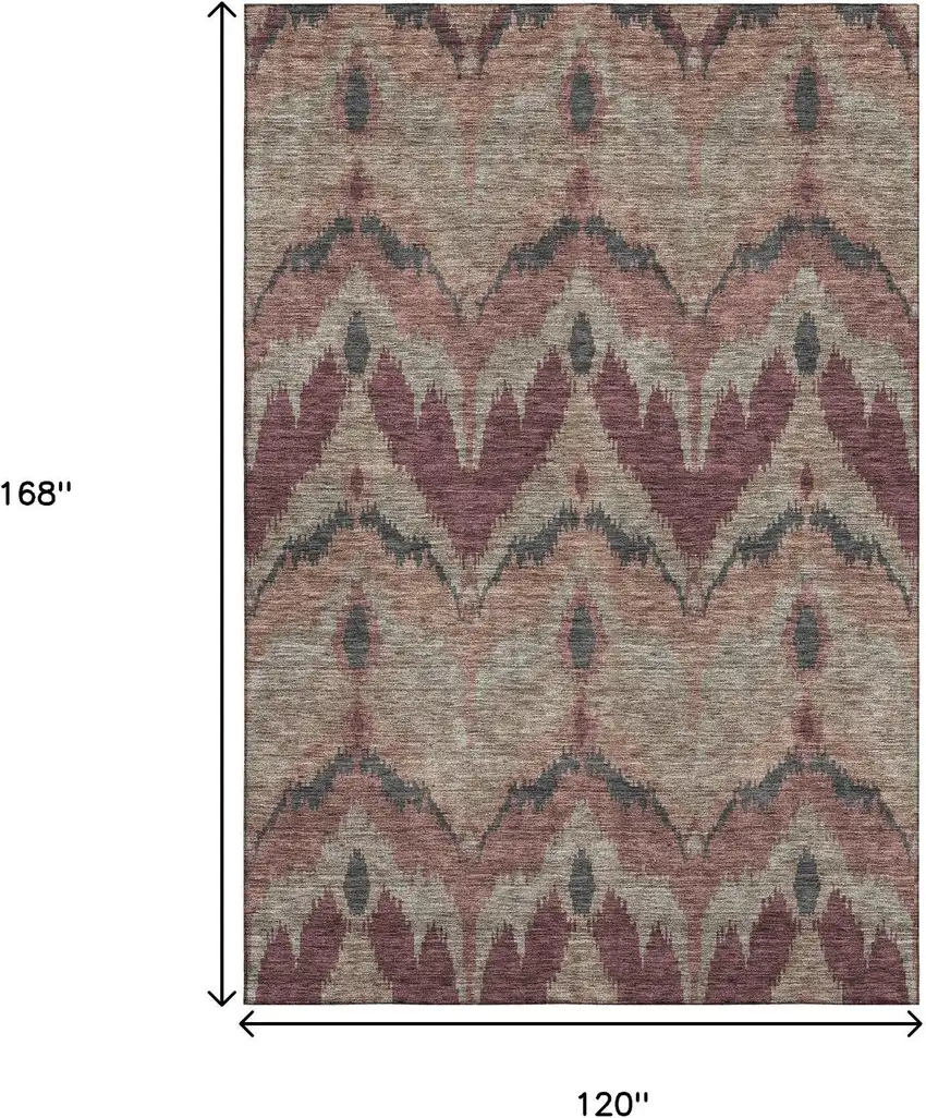 Burgundy Beige And Charcoal Ikat Washable Area Rug With UV Protection Photo 3