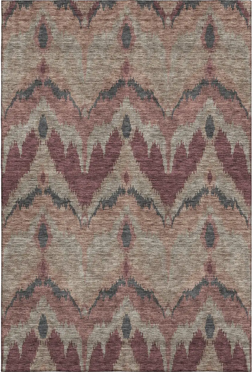 Burgundy Beige And Charcoal Ikat Washable Area Rug With UV Protection Photo 1