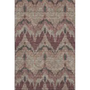 Photo of Burgundy Beige And Charcoal Ikat Washable Area Rug With UV Protection