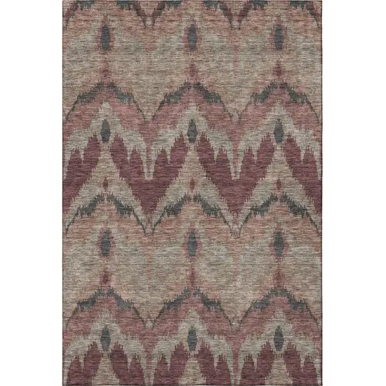 Burgundy Beige And Charcoal Ikat Washable Area Rug With UV Protection Photo 4