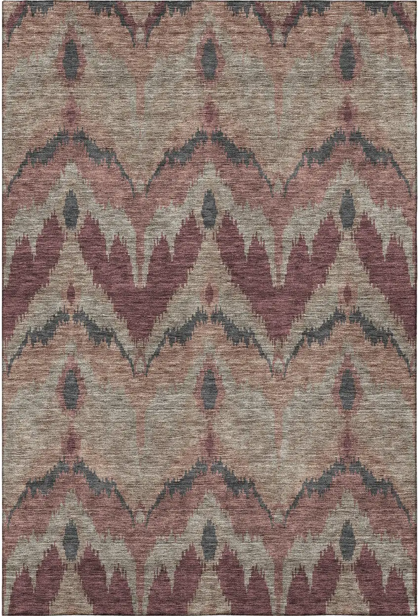 Burgundy Beige And Charcoal Ikat Washable Area Rug With UV Protection Photo 4