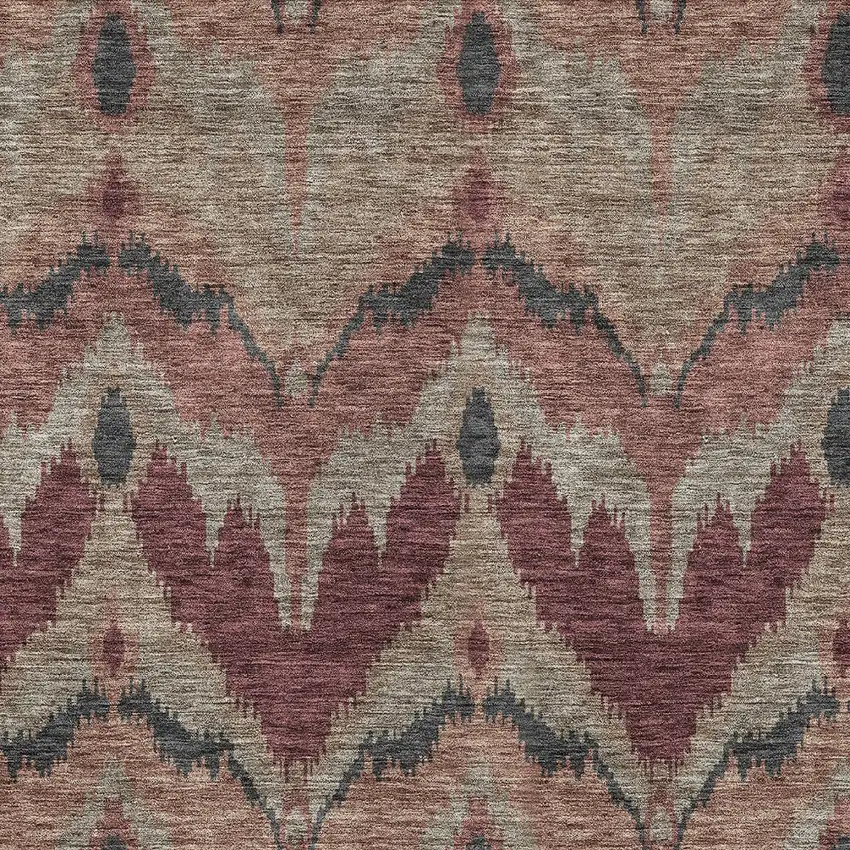 Burgundy Beige And Charcoal Ikat Washable Indoor Outdoor Area Rug Photo 5