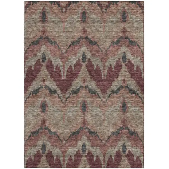 Burgundy Beige And Charcoal Ikat Washable Indoor Outdoor Area Rug Photo 6