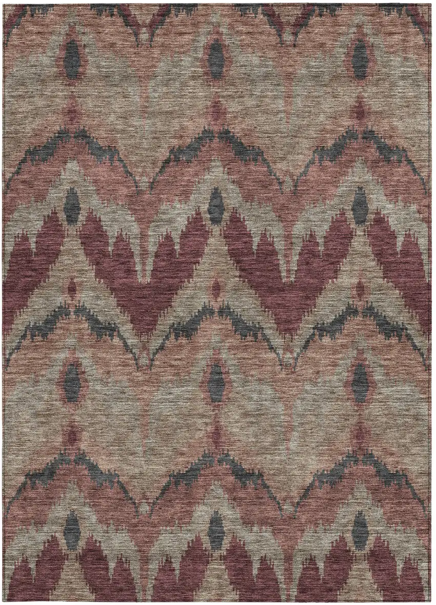 Burgundy Beige And Charcoal Ikat Washable Indoor Outdoor Area Rug Photo 6