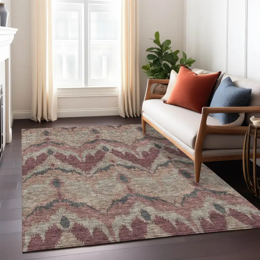 Burgundy Beige And Charcoal Ikat Washable Indoor Outdoor Area Rug Photo 9