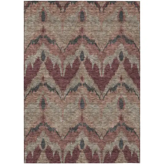 Burgundy Beige And Charcoal Ikat Washable Indoor Outdoor Area Rug Photo 1