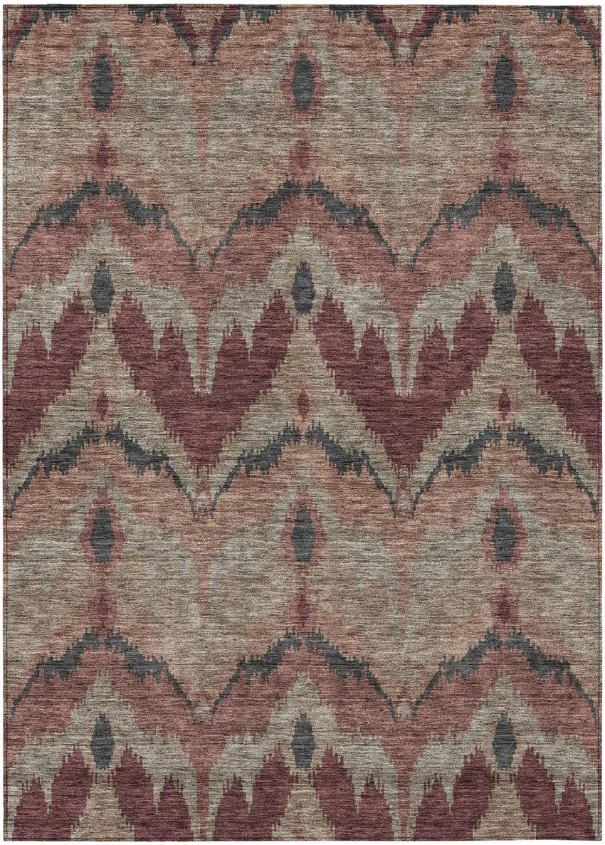 Burgundy Beige And Charcoal Ikat Washable Indoor Outdoor Area Rug Photo 1