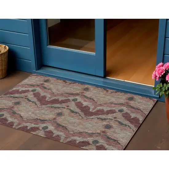 Burgundy Beige And Charcoal Ikat Washable Indoor Outdoor Area Rug Photo 1