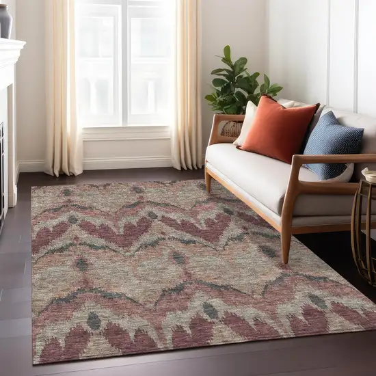 Burgundy Beige And Charcoal Ikat Washable Indoor Outdoor Area Rug Photo 9