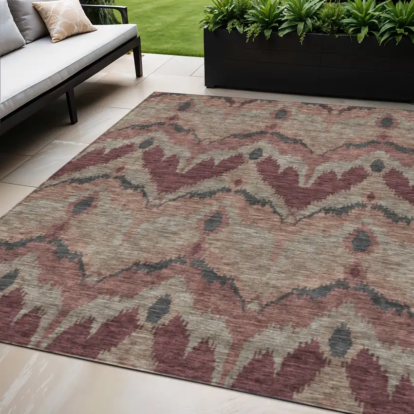 Burgundy Beige And Charcoal Ikat Washable Indoor Outdoor Area Rug Photo 1