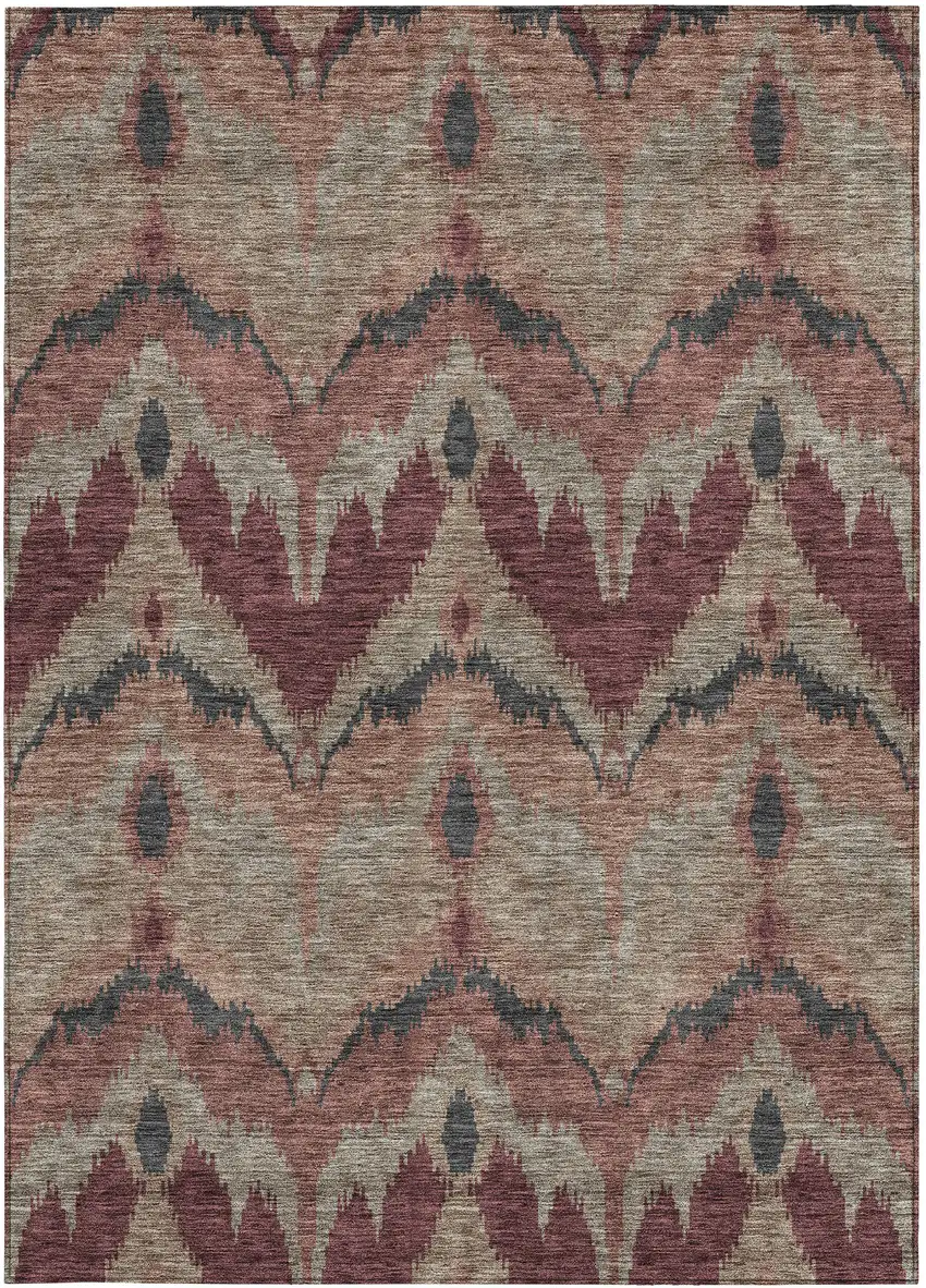 Burgundy Beige And Charcoal Ikat Washable Indoor Outdoor Area Rug Photo 7