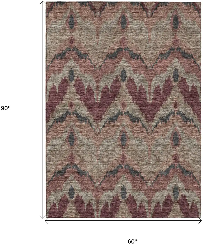Burgundy Beige And Charcoal Ikat Washable Indoor Outdoor Area Rug Photo 3