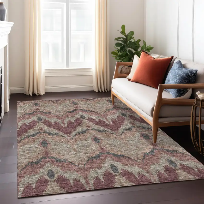 Burgundy Beige And Charcoal Ikat Washable Indoor Outdoor Area Rug Photo 9