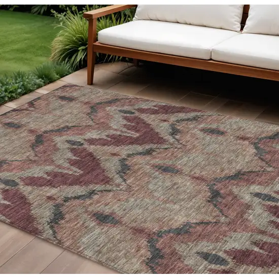 Burgundy Beige And Charcoal Ikat Washable Indoor Outdoor Area Rug Photo 1