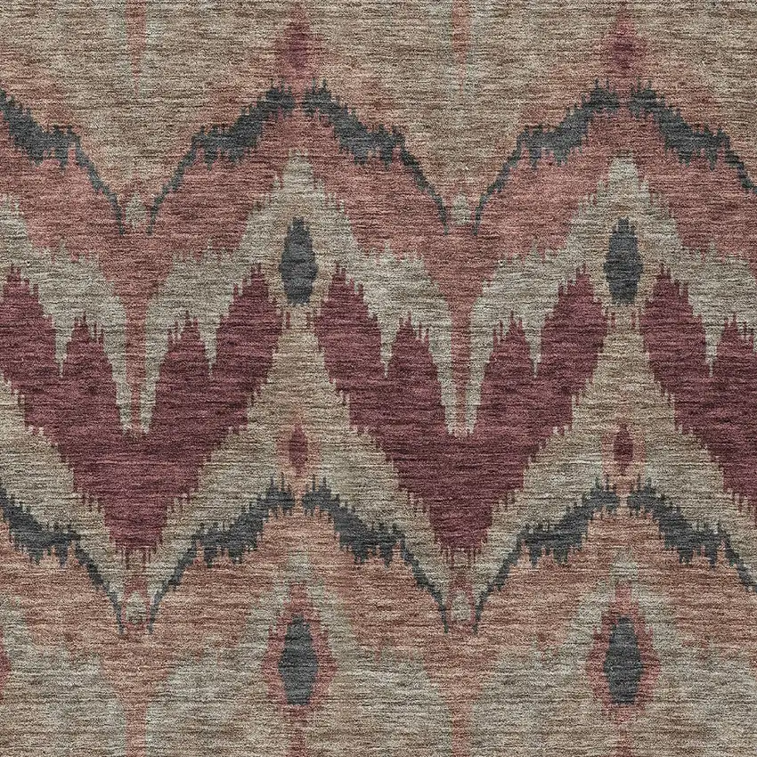 Burgundy Beige And Charcoal Ikat Washable Indoor Outdoor Area Rug Photo 5