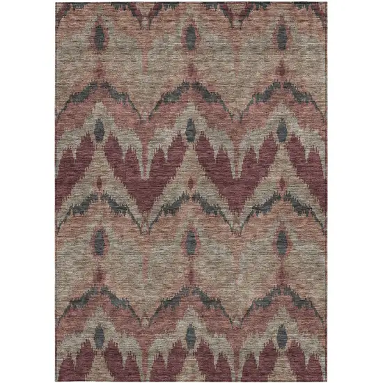 Burgundy Beige And Charcoal Ikat Washable Indoor Outdoor Area Rug Photo 6