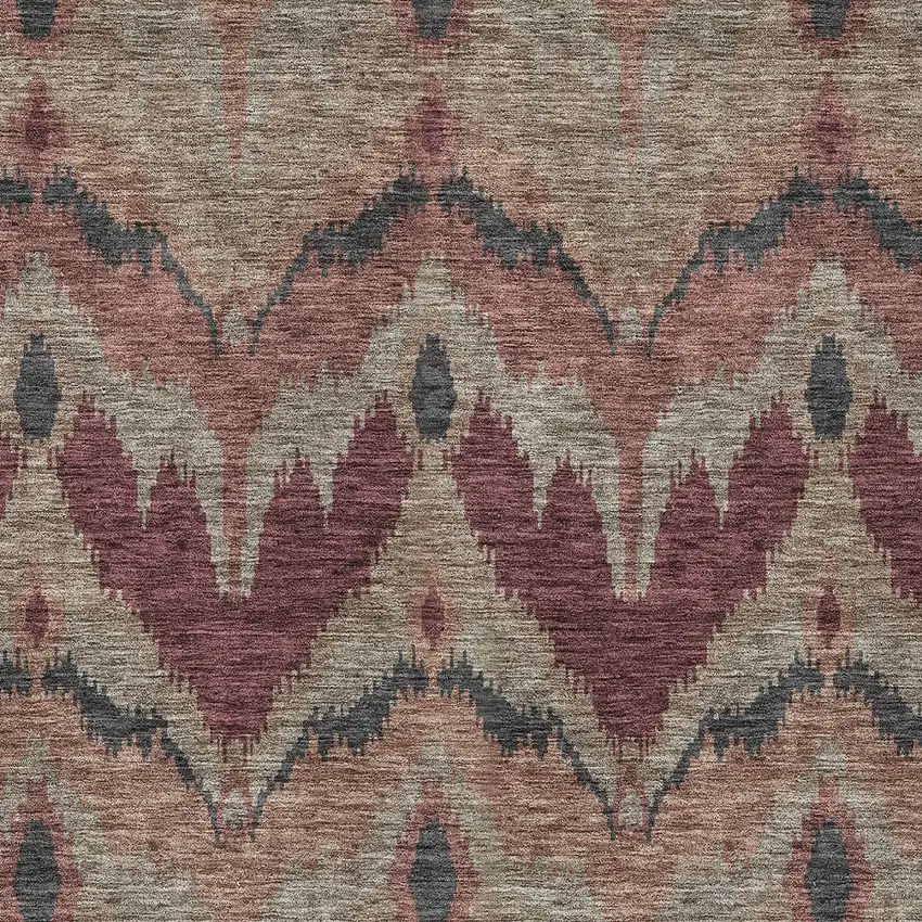Burgundy Beige And Charcoal Ikat Washable Indoor Outdoor Area Rug Photo 5